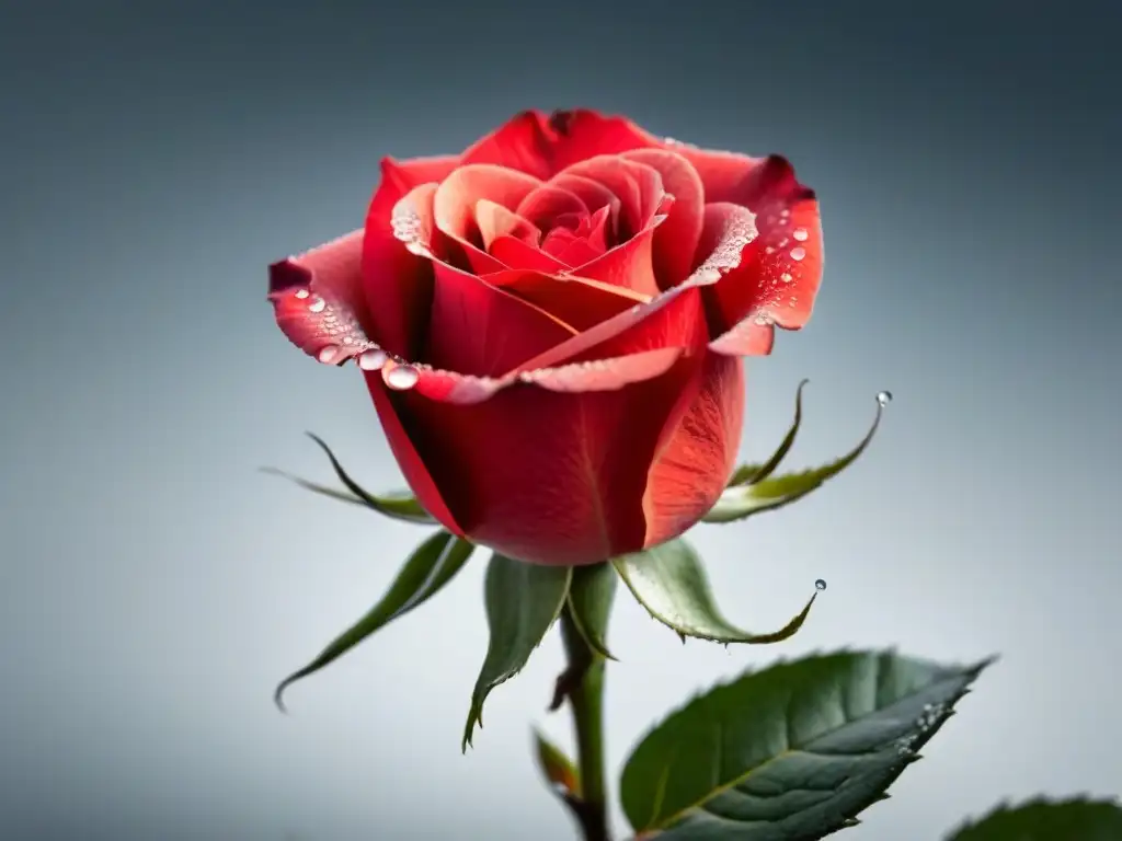 Una rosa roja delicada en un fondo blanco, simbolizando la transformación interior a través de la poesía