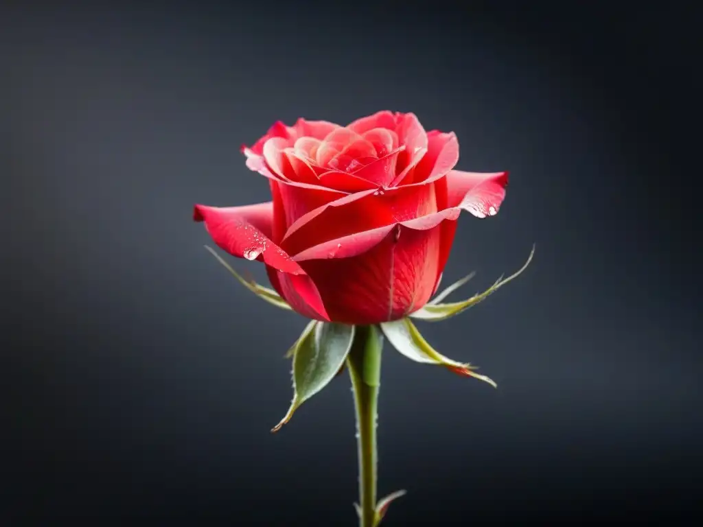 Rosa roja con rocío: belleza y fragilidad en negro Una rosa roja delicada con gotas de rocío, destacando la belleza y fragilidad de la naturaleza en un estilo minimalista