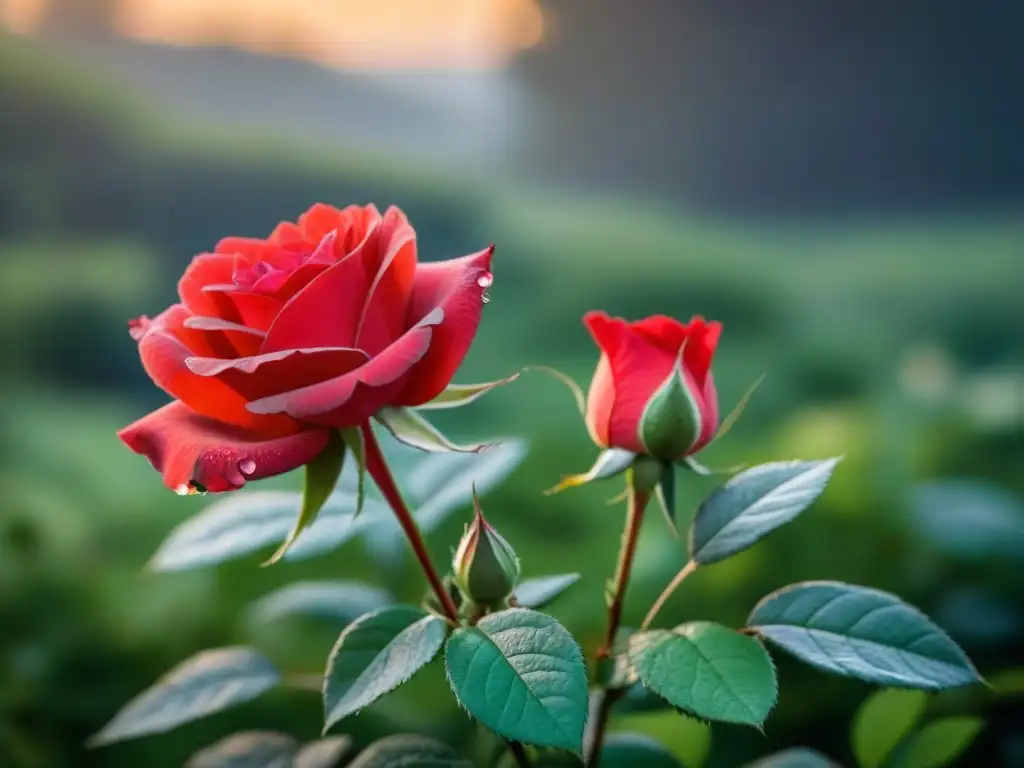 Una rosa roja delicada florece al amanecer, reflejando el idealismo romántico de John Keats