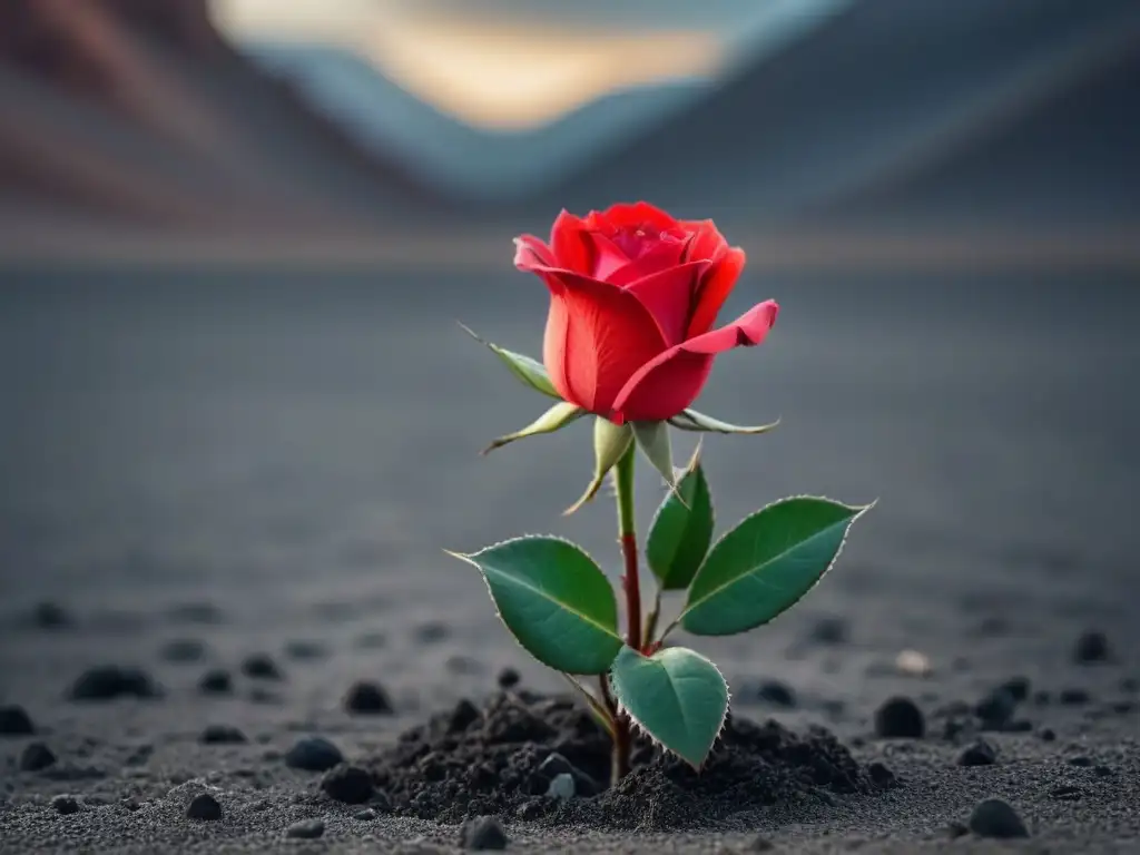 Una rosa roja detallada florece en un paisaje desértico en blanco y negro, mostrando la vanguardia poética Adonis diálogo intercultural