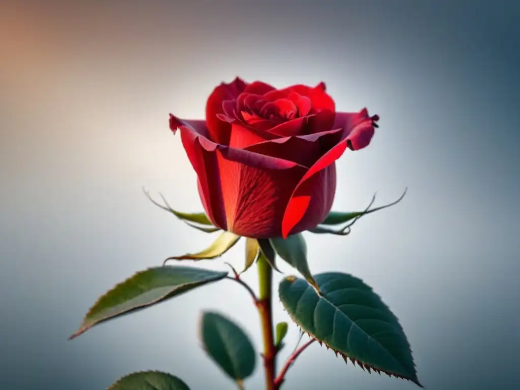 Una rosa roja en detalle y contraste sobre fondo blanco