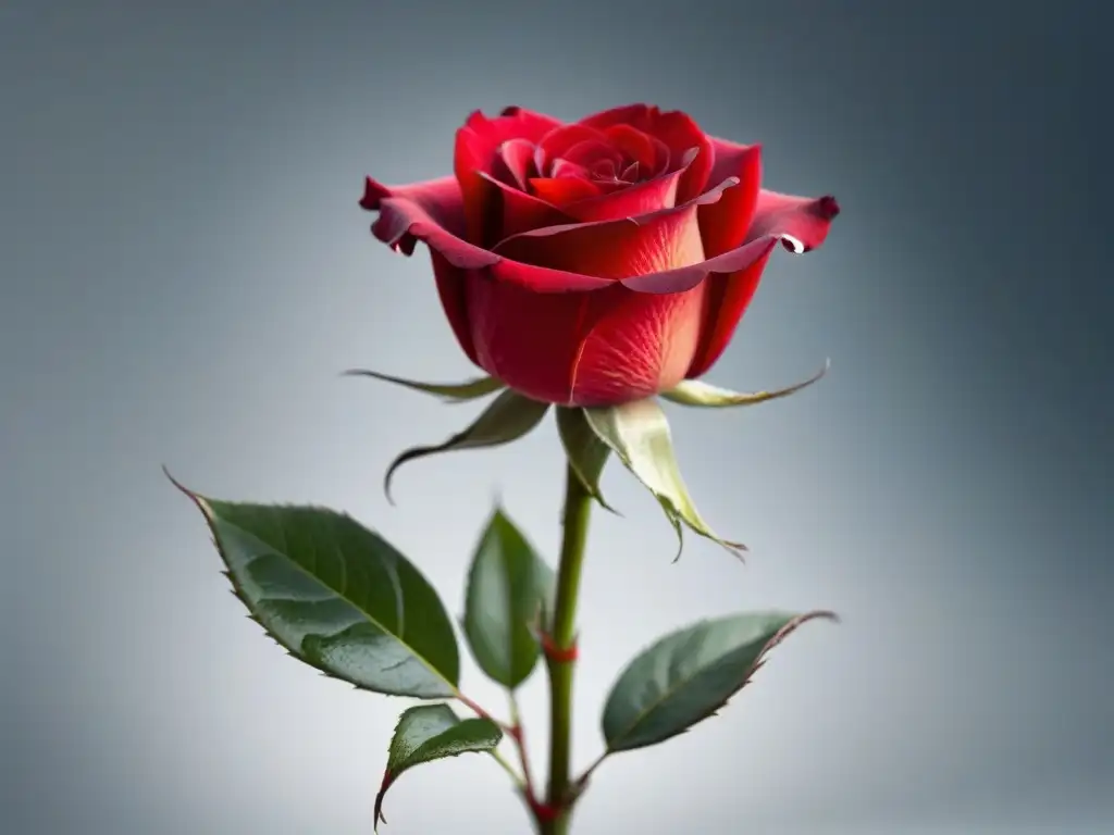 Una rosa roja en detalle, con pétalos delicados y luz suave