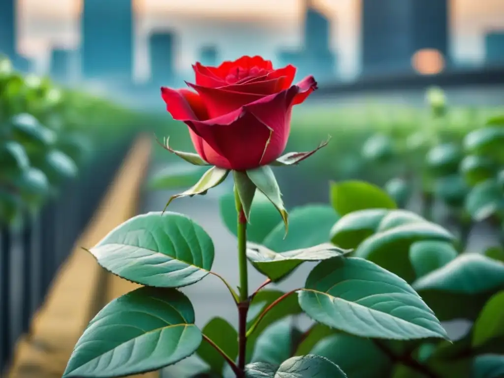 Una rosa roja florece en un entorno urbano abandonado, con enredaderas verdes envolviendo una ciudad en escala de grises