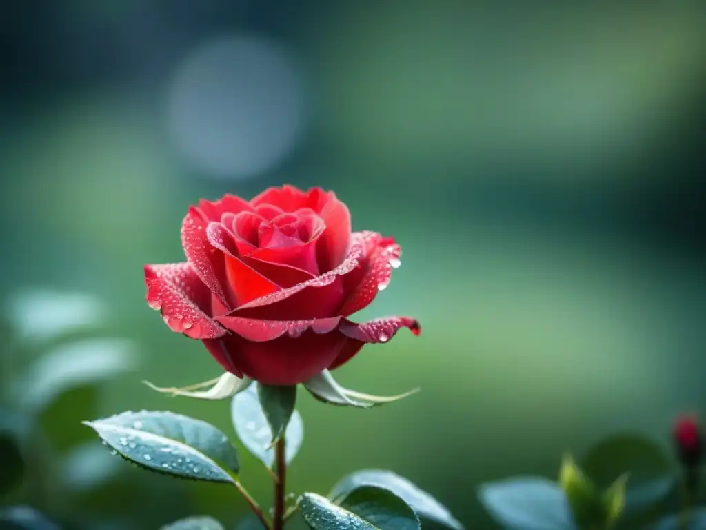 Una rosa roja en flor con gotas de rocío brillando en sus pétalos bajo la suave luz matutina, mostrando la belleza delicada y el atractivo sensorial de la naturaleza a través de colores vibrantes y detalles intrincados