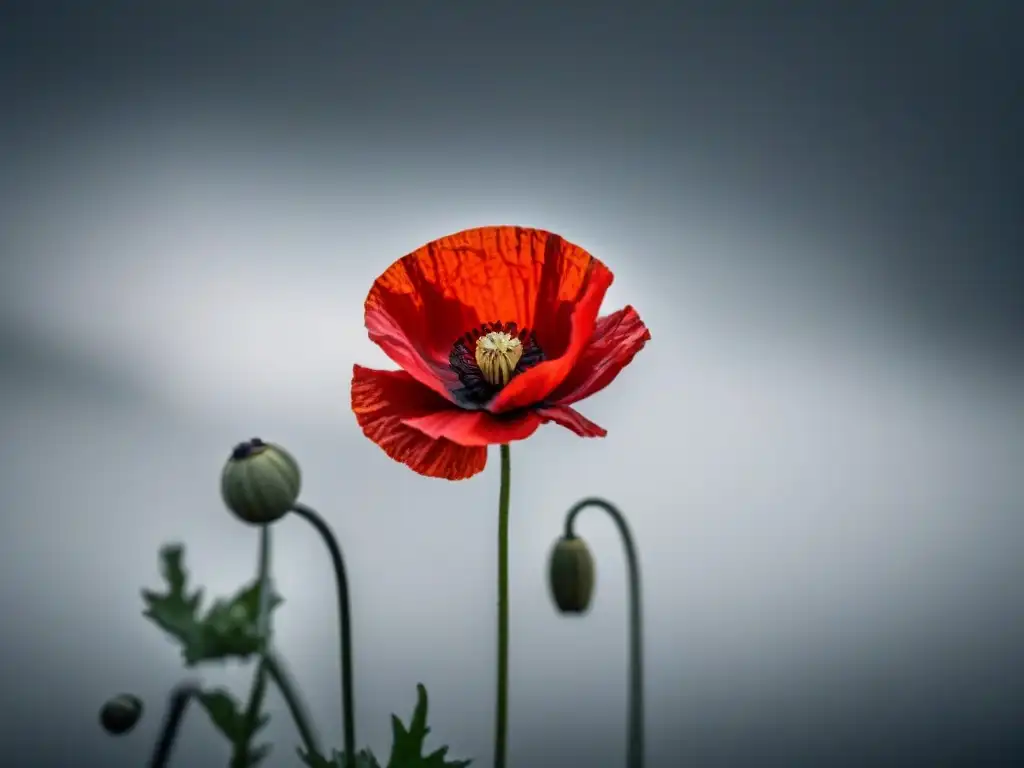 Una amapola roja sangre sobre fondo blanco, simbolizando la belleza y horror en la poesía bélica