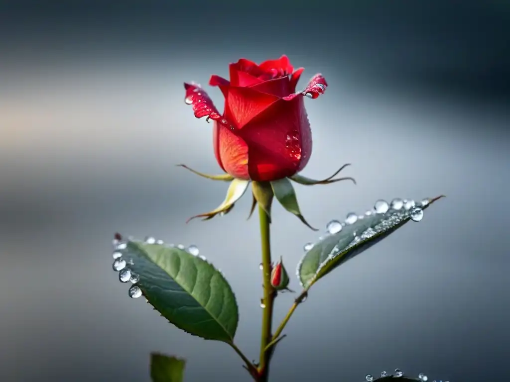 Una rosa roja floreciendo en un fondo blanco, con gotas de agua en sus pétalos, poesía transformadora en publicidad