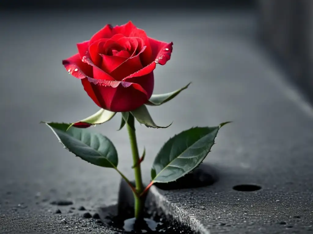 Una rosa roja floreciendo en un fondo de concreto, con gotas de rocío