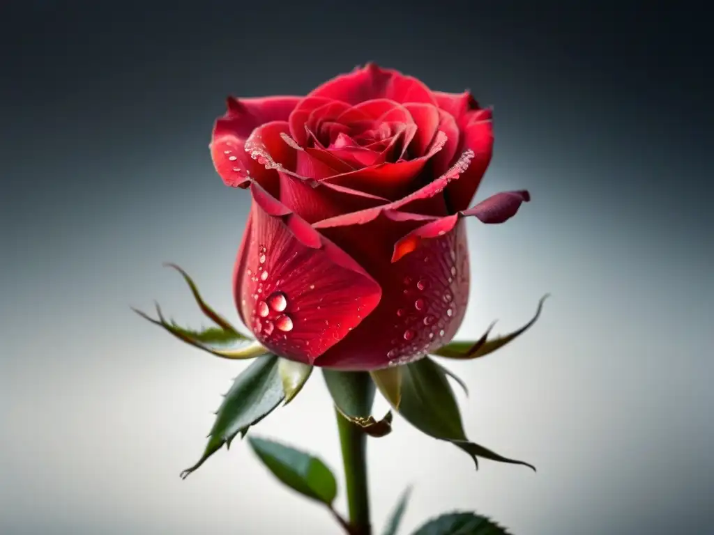 Una rosa roja con gotas de rocío, símbolo de amor y belleza, sobre fondo blanco