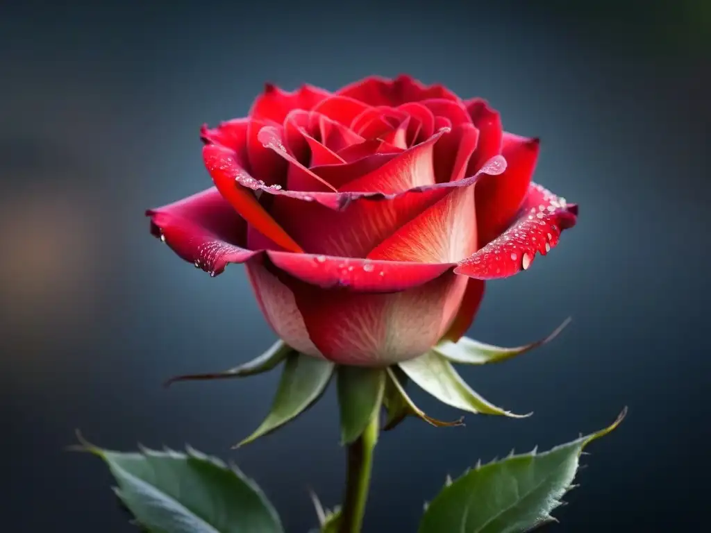 Una rosa roja con gotas de rocío, iluminada por un rayo de sol, destaca su belleza en un fondo oscuro