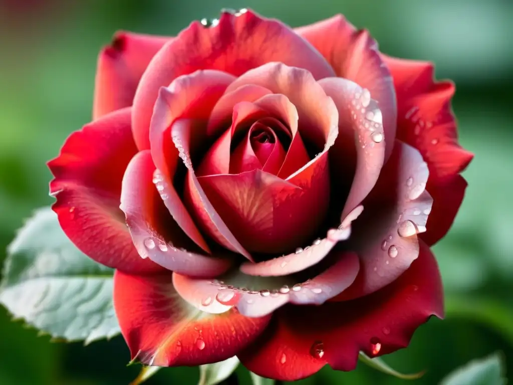 Una rosa roja con gotas de rocío en pétalos, en un jardín tranquilo