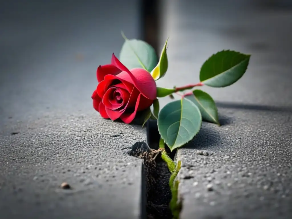 Una rosa roja creciendo en grieta de concreto, simbolizando la belleza y resiliencia frente a la adversidad