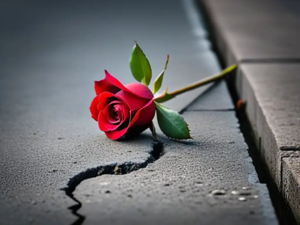 Una rosa roja creciendo en grieta de concreto, simbolizando el poder transformador de la poesía