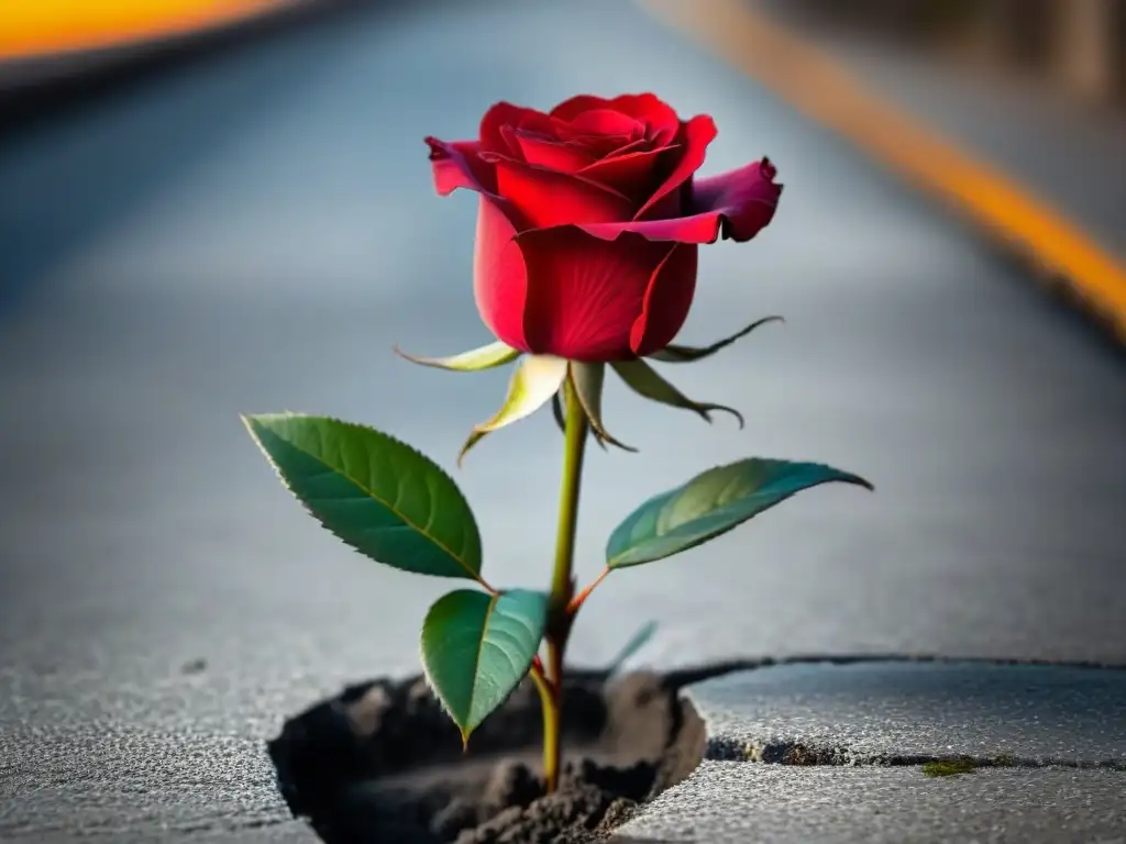 Una rosa roja crece en una grieta de concreto, simbolizando la poesía como herramienta de cambio