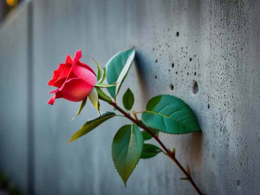 Una rosa roja creciendo en una grieta de concreto, simbolizando la poesía como acto revolucionario