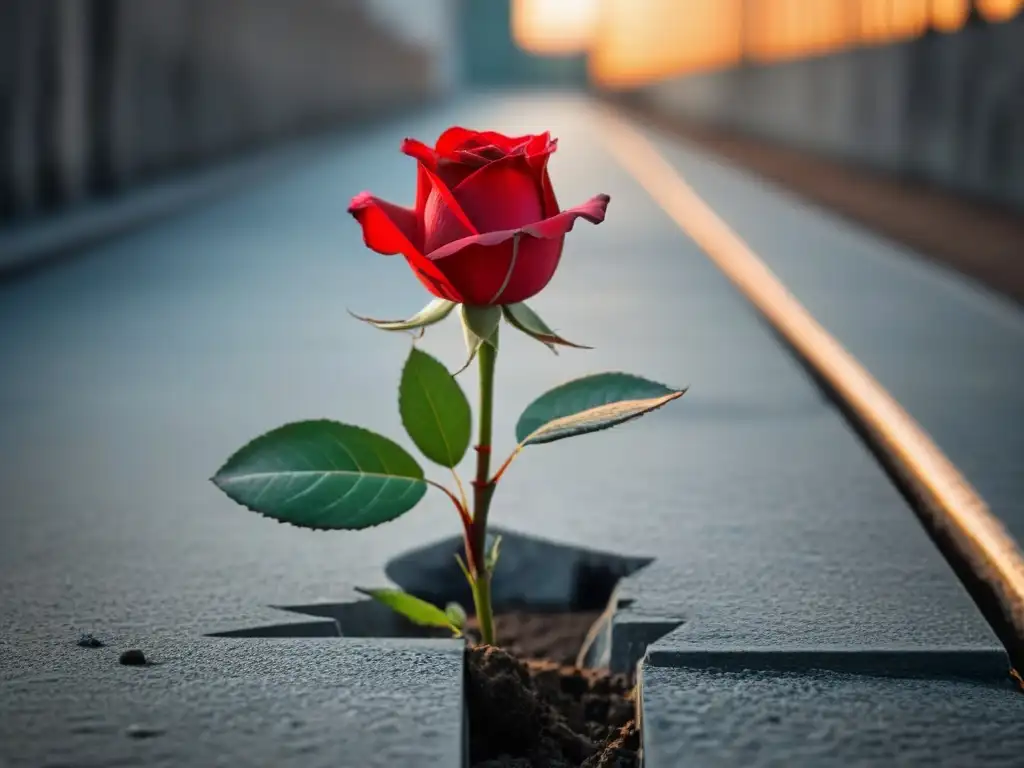 Una rosa roja crece en grieta de concreto, símbolo de belleza y resiliencia