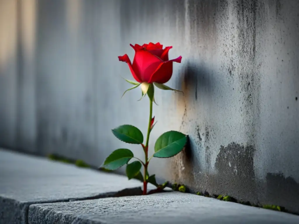 Una rosa roja crece en grieta de pared de concreto, símbolo de belleza y resistencia