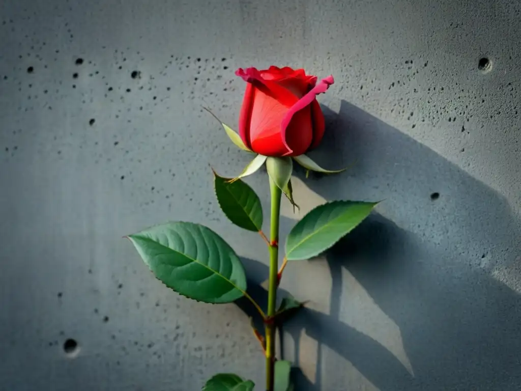 Una rosa roja florece entre grietas de concreto, simbolizando el poder transformador de la poesía