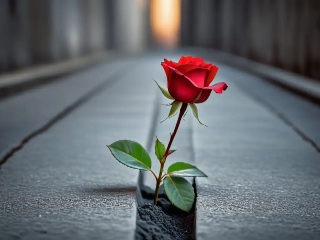 Una rosa roja florece entre grietas de concreto, simbolizando la Poesía de la Resistencia transformadora