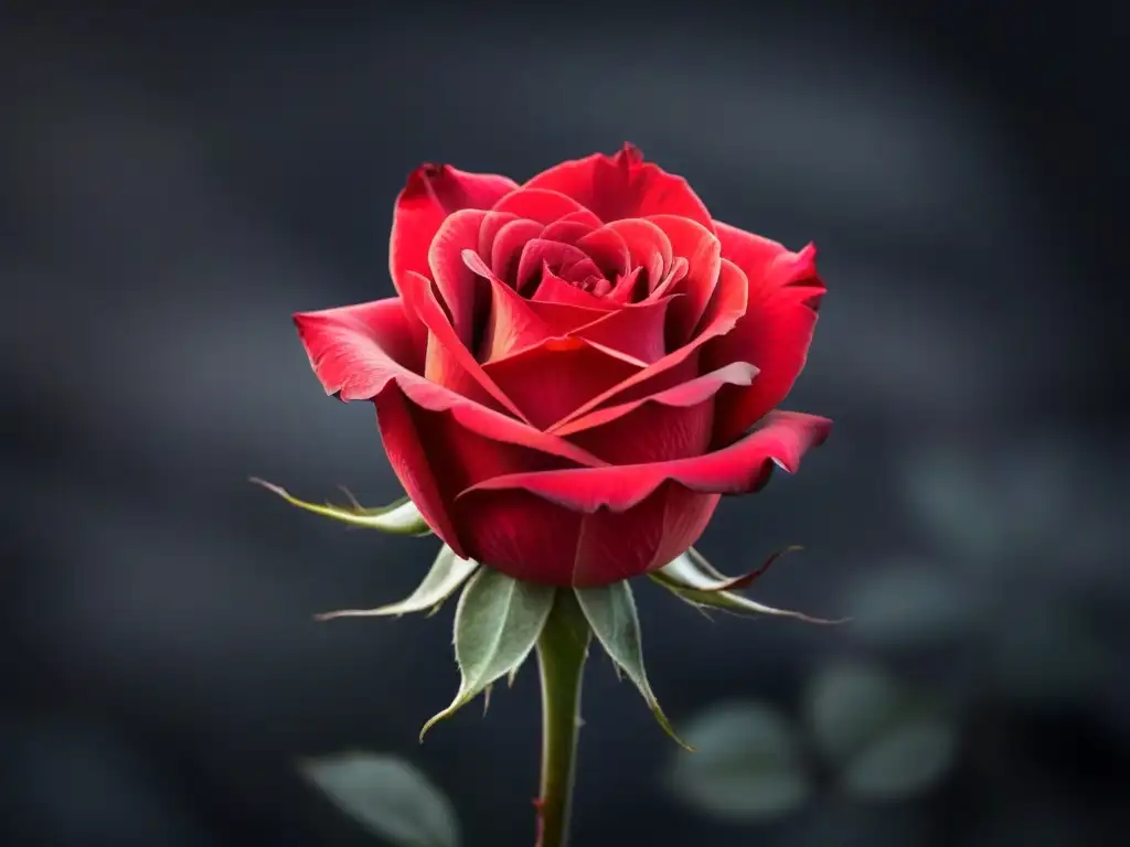 Una rosa roja iluminada por un rayo de luz, detalle y elegancia