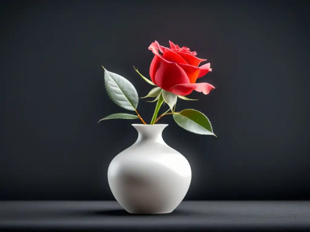 Una rosa roja en una jarra blanca, destaca en un fondo negro, personificando la belleza de la naturaleza en poesía lírica