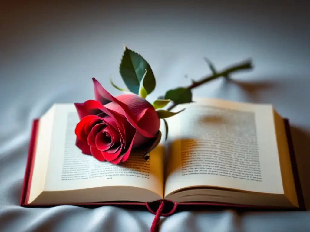 Una rosa roja sobre un libro abierto, evocando belleza y profundidad poética