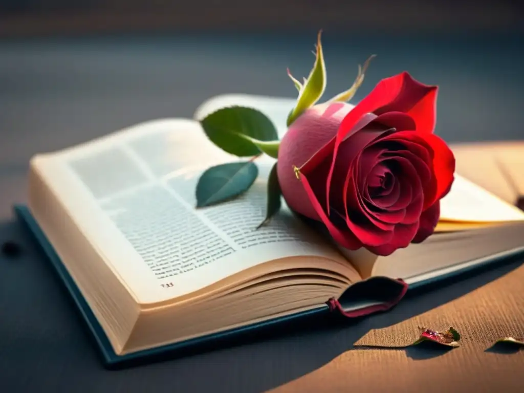 Una rosa roja sobre un libro abierto, evocando la poesía lírica de Aleksandr Pushkin con detalle y belleza atemporal
