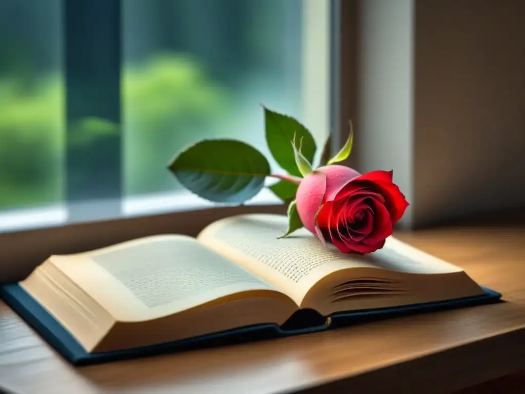 Una rosa roja sobre un libro abierto, iluminada por luz natural