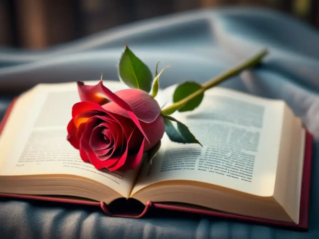 Una rosa roja sobre un libro abierto, iluminada por luz natural