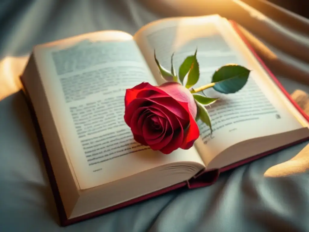 Rosa roja sobre libro: poesía en sombra Una rosa roja sobre un libro abierto, con luz natural creando sombras suaves en las páginas