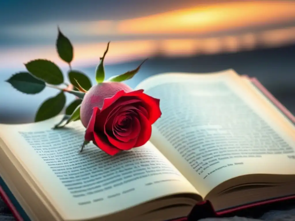 Una rosa roja sobre un libro abierto con luz natural, reflejando petalos, ideal para disfrutar de Poemas de amor conmovedores
