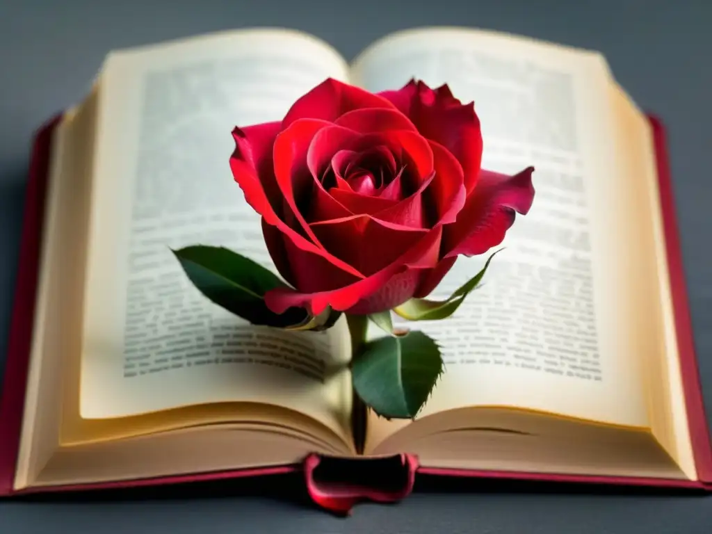 Una rosa roja floreciendo de un libro abierto, simbolizando la transformación a través de la poesía