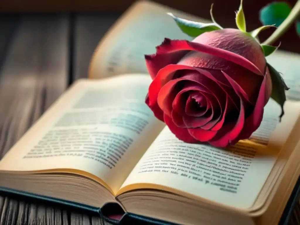 Una rosa roja sobre un libro antiguo con poesía, en una mesa de madera