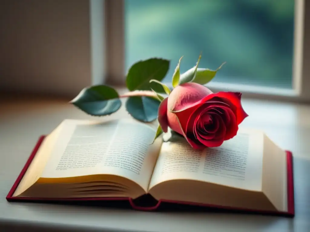 Una rosa roja sobre un libro de poesía, con luz suave y ambiente sereno