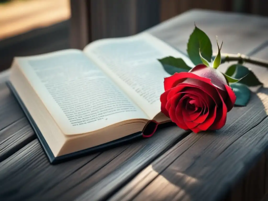 Una rosa roja sobre un libro de poesía, en una mesa de madera rústica