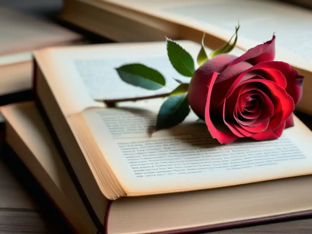 Una rosa roja florece entre libros antiguos, creando una atmósfera contemplativa