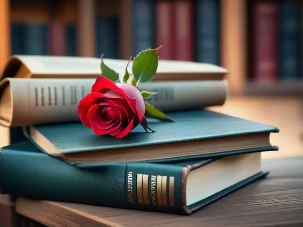Belleza eterna: rosa roja sobre libros antiguos Una rosa roja sobre libros antiguos en una biblioteca, simbolizando transformación a través de la poesía
