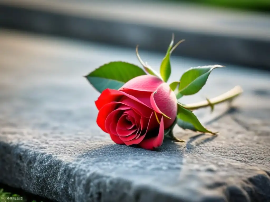 Una rosa roja sobre una losa de piedra, iluminada con suavidad en un jardín sereno