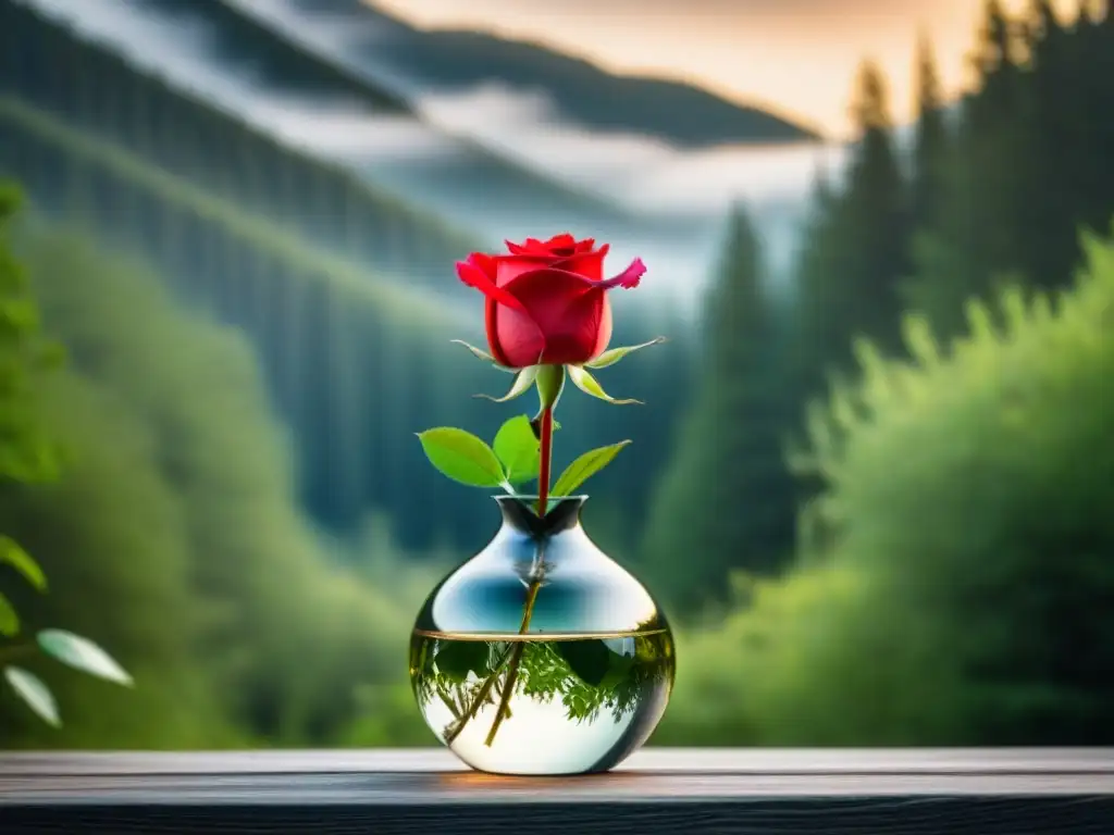 Una rosa roja floreciendo en un jarrón minimalista, con un bosque sereno de fondo