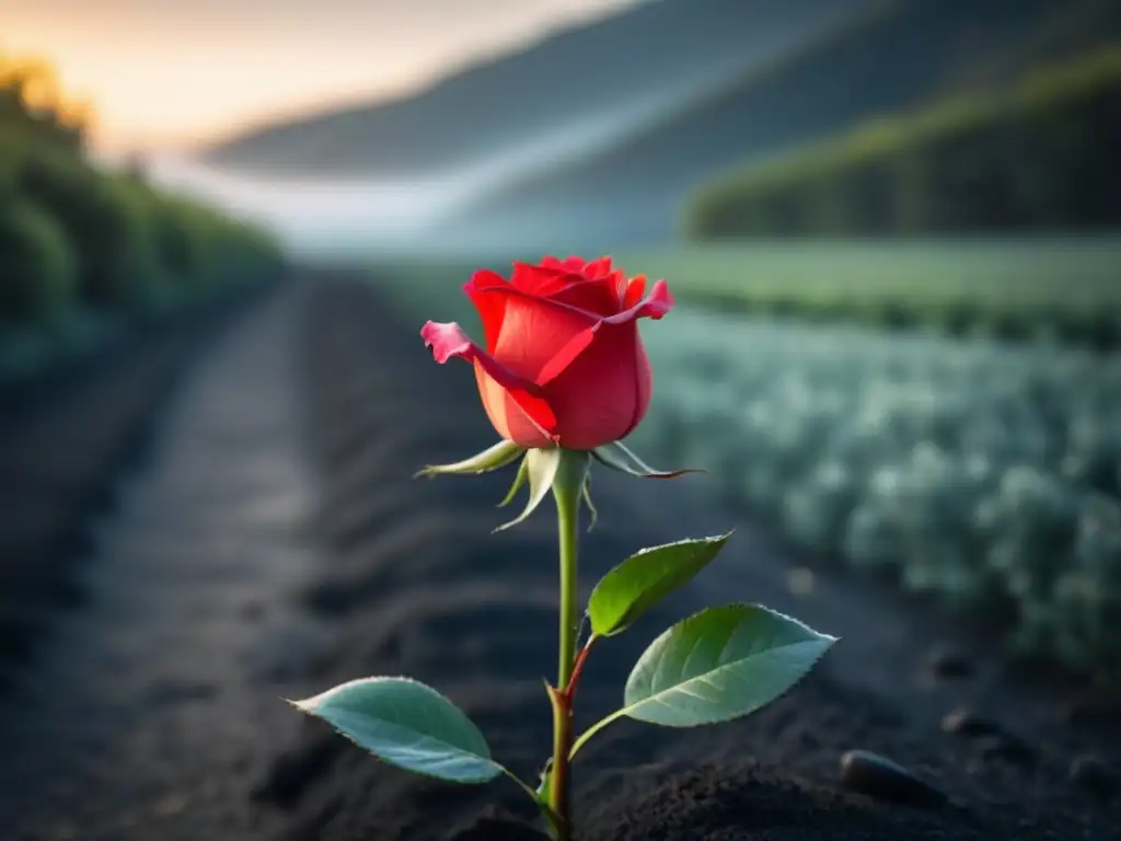 Una rosa roja en un paisaje blanco y negro, inspiración poesía cotidiana musa desvelada