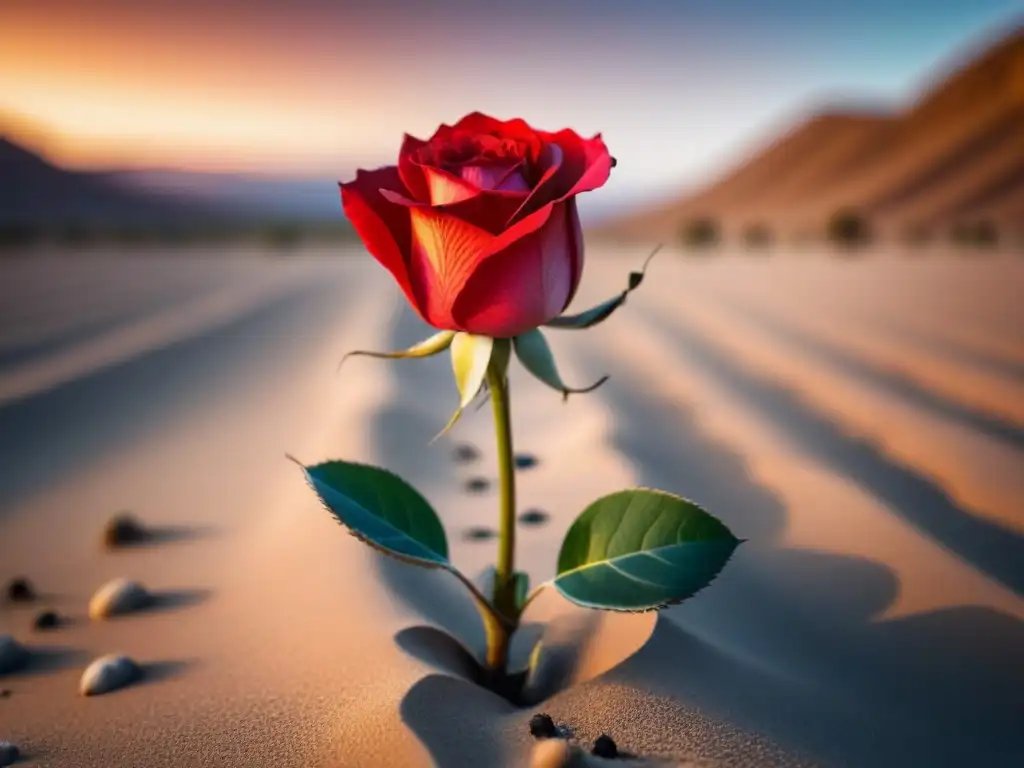 Una rosa roja floreciendo en un paisaje desértico, destacando el contraste entre vida y desolación, el poder transformador de la poesía