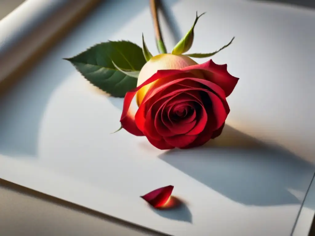 Una rosa roja sobre papel blanco, iluminada suavemente, detalla su belleza