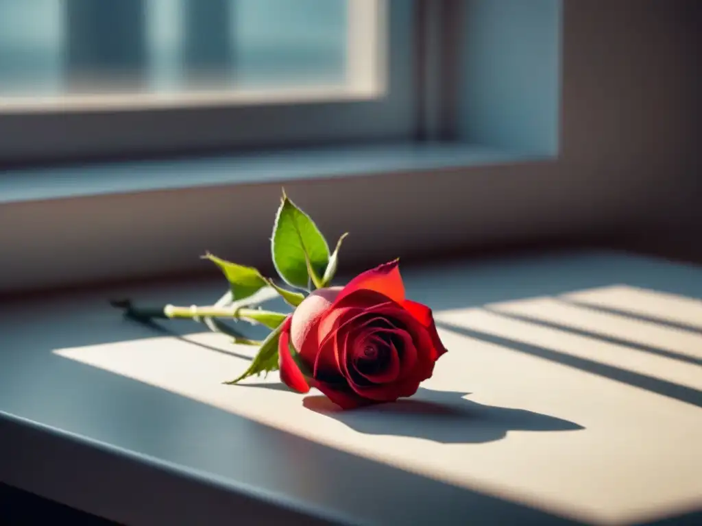 Rosa roja en papel blanco: delicadeza y serenidad Una rosa roja sobre papel blanco iluminada por la luz natural, reflejando la filosofía emocional a través de la poesía