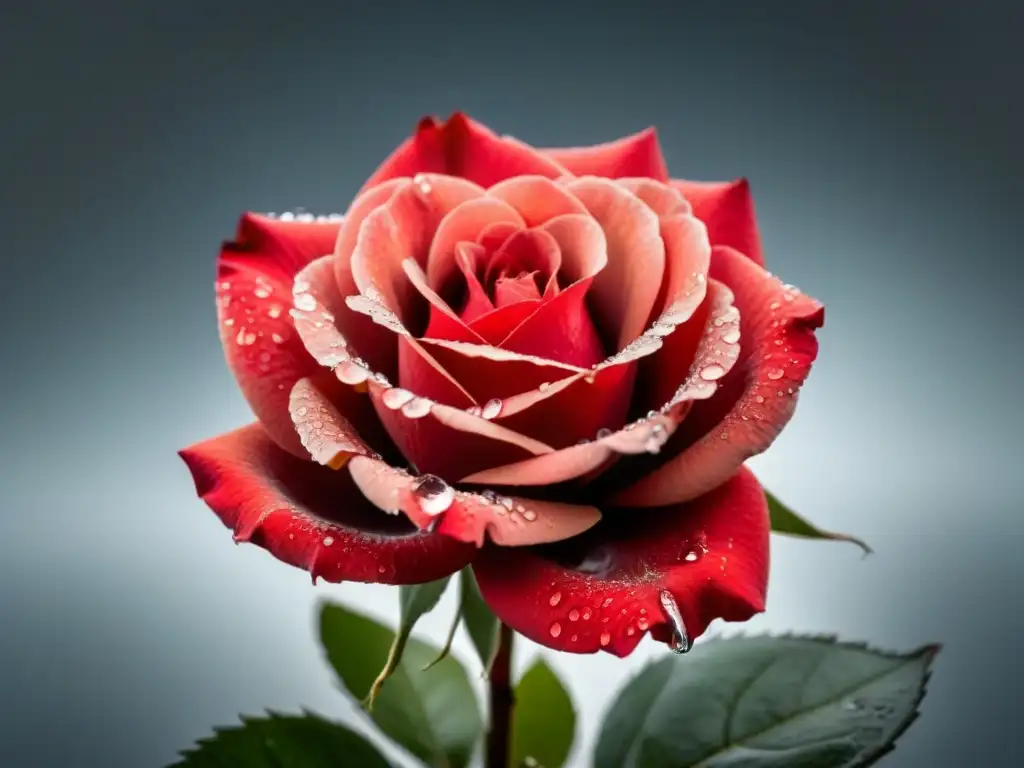 Una rosa roja con rocío sobre sus pétalos, en un fondo blanco