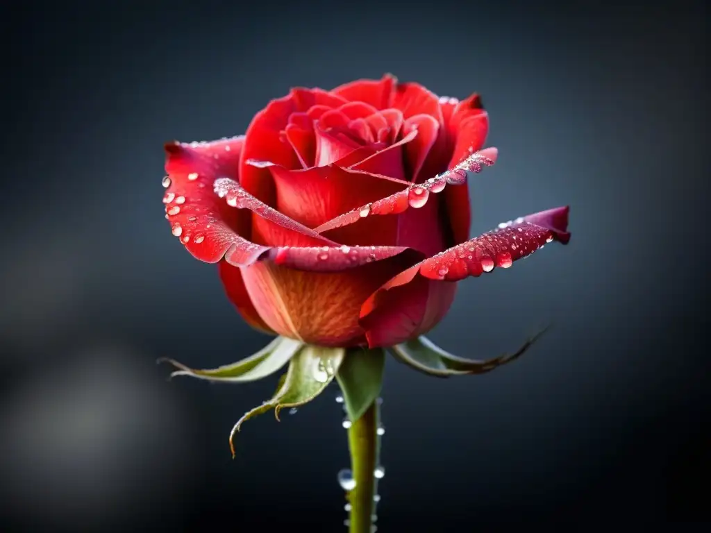 Una rosa roja en plena floración, con gotas de agua en sus pétalos, sobre fondo negro