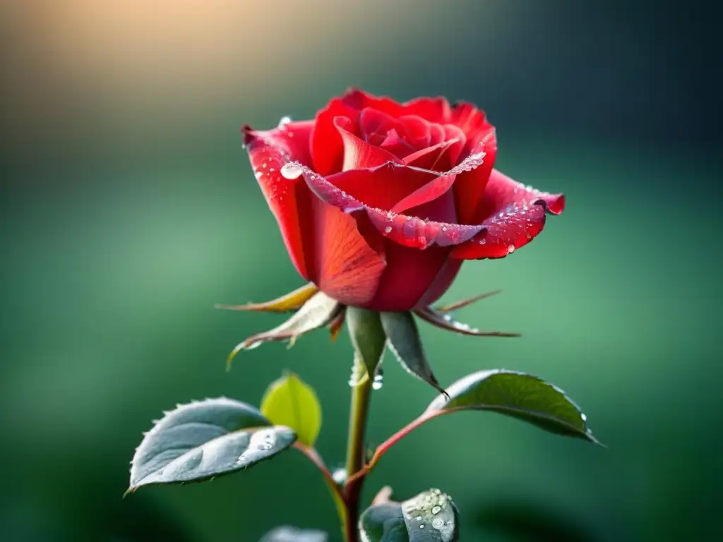 Una rosa roja en plena floración, con gotas de agua y textura de terciopelo, simboliza la belleza inmortal de los sonetos y la poesía lírica