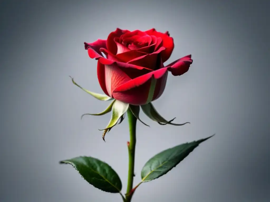 Una rosa roja en primer plano con elegantes patrones y delicados pétalos, destacada en un fondo blanco