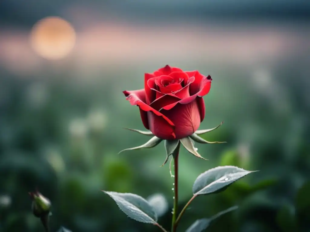 Una rosa roja resplandeciente destaca entre flores marchitas, simbolizando la metáfora como transformación poética