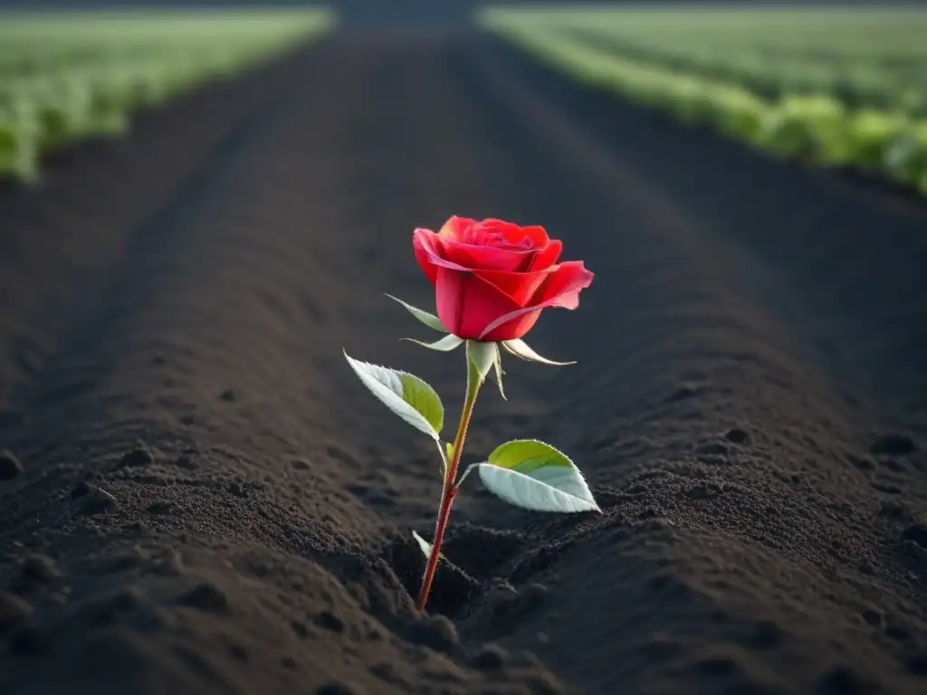 Una rosa roja solitaria florece en un campo de sombras monocromáticas, simbolizando el poder transformador de la poesía lírica en el corazón humano