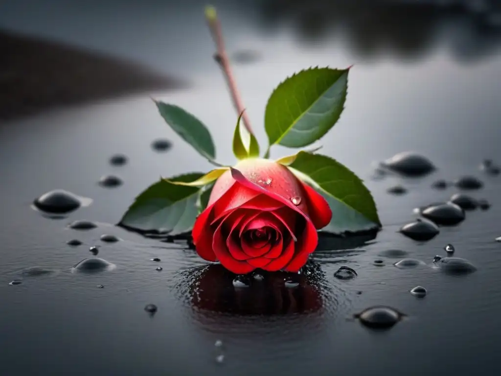 Una rosa roja solitaria en un fondo blanco, con gotas de agua en sus pétalos, capturando el poder transformador de la poesía