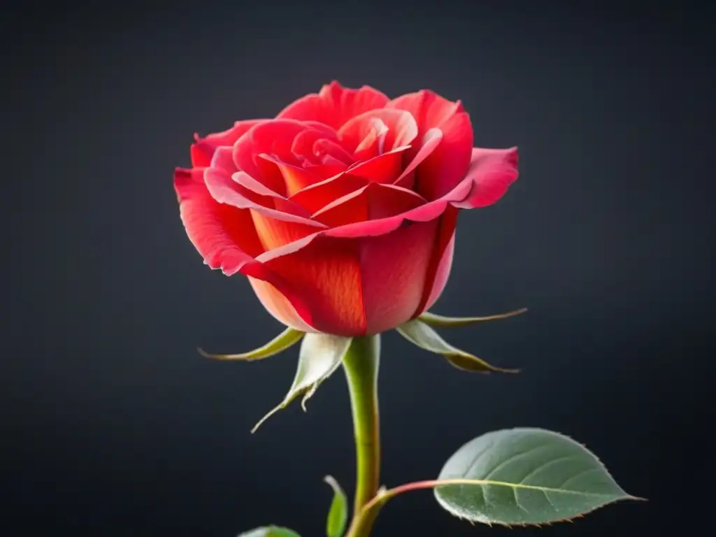 Una rosa roja solitaria en un fondo negro, símbolo de amor y pasión